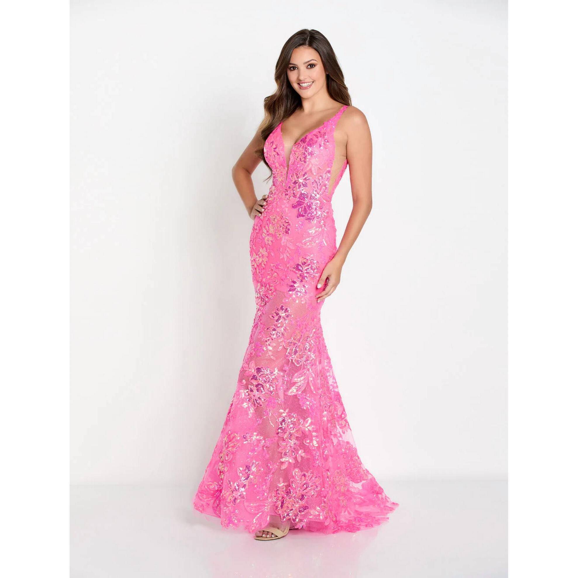 New Ellie Wilde Sequin Fitted Mermaid Gown In Hot Pink